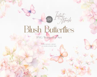 Blush Pink Watercolor Butterfly Clipart, Floral PNG Set (Digital Download)
