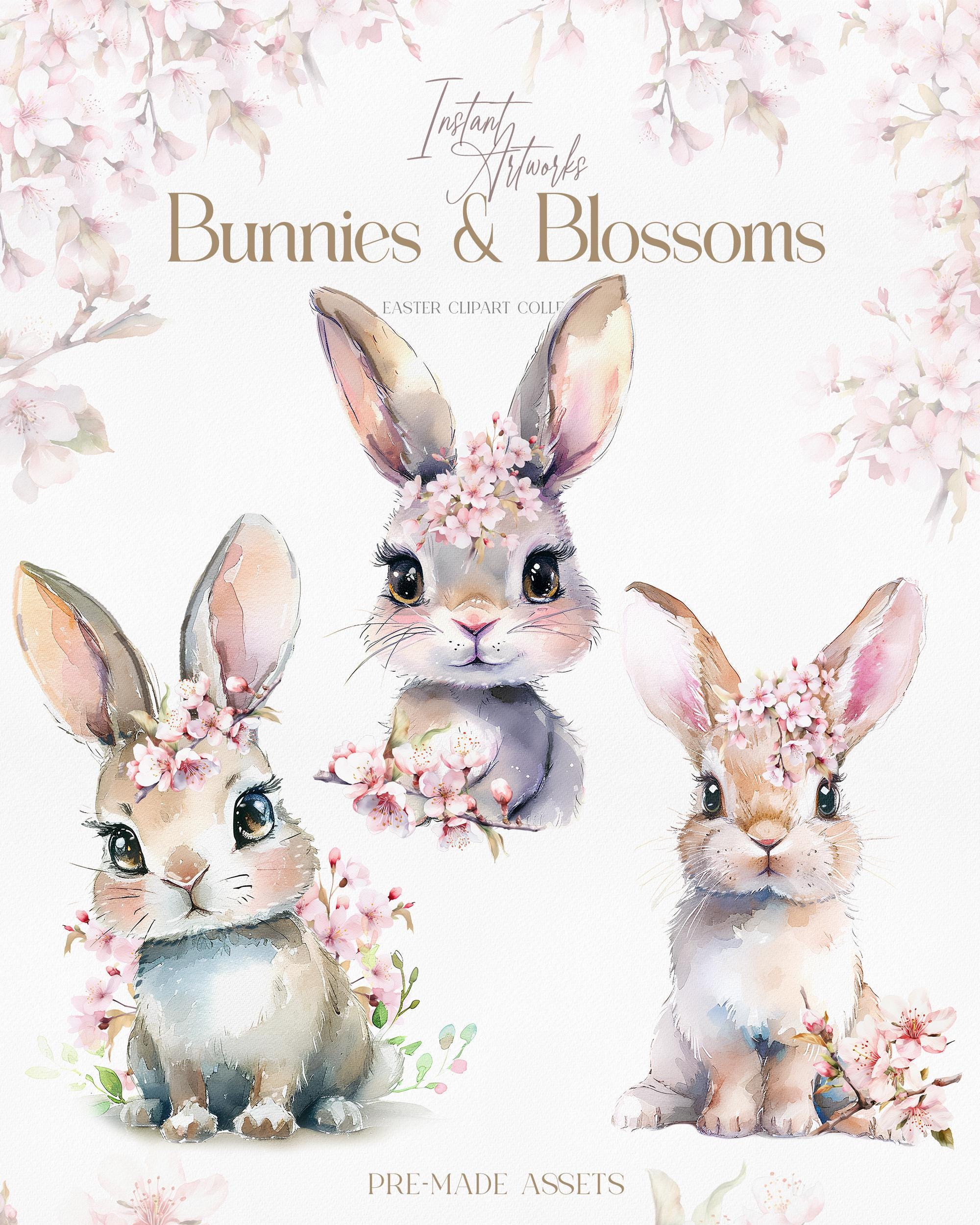 Watercolor Spring Bunnies Clipart – Cherry Blossom Floral (digital ...