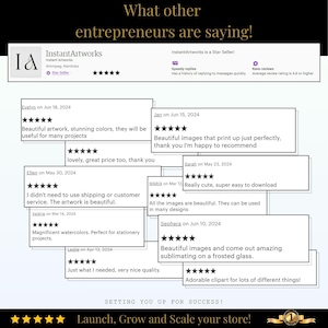 May include: A collage of customer reviews for InstantArtworks, an Etsy shop selling digital art. The reviews highlight the quality of the artwork, the ease of use, and the customer service. The text includes phrases like "beautiful artwork", "stunning colors", "super easy to download", and "adorable clipart".