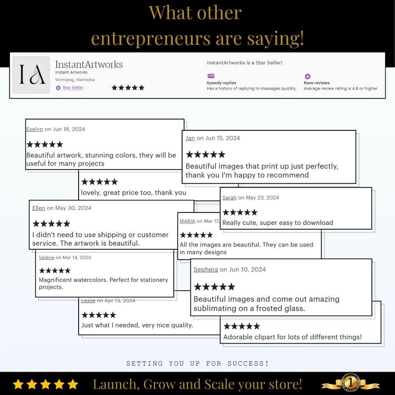 May include: A collage of customer reviews for InstantArtworks, an Etsy shop selling digital art. The reviews highlight the quality of the artwork, the ease of use, and the customer service. The text includes phrases like "beautiful artwork", "stunning colors", "super easy to download", and "adorable clipart".
