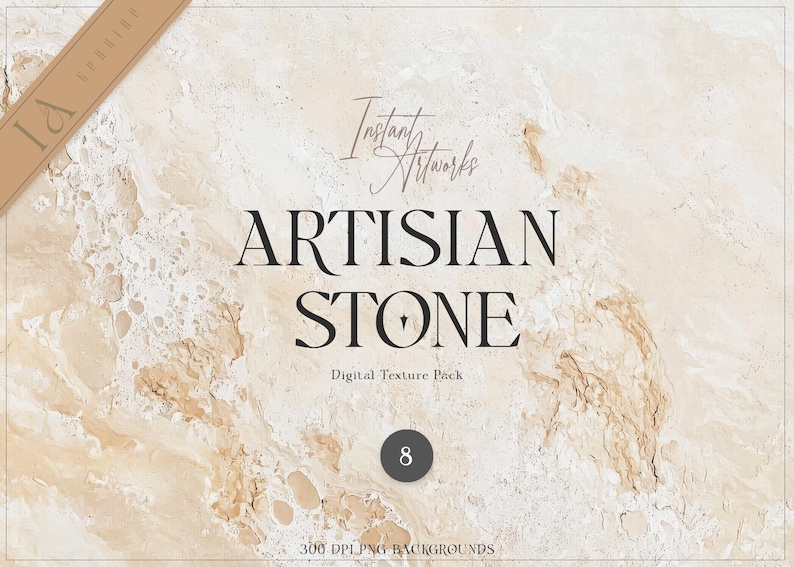 Artisan Stone digital texture pack featuring eight neutral beige and cream marble-style backgrounds for graphic design and wedding stationery.