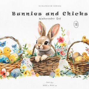 Coelho da Páscoa e pintinhos em aquarela - Download digital de primavera para scrapbooking, diários e impressões - Gráficos fofos e versáteis