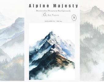 May include: A digital collection titled Alpine Majesty Watercolor Mountain Backgrounds & Art Papers featuring eight high-resolution images. The central graphic displays a snow-capped mountain peak rendered in watercolor with blue, white, and brown tones.