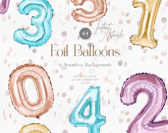 Foil Balloon Number Clipart | Rose Gold, Gold, Cyan, Purple (PNG)