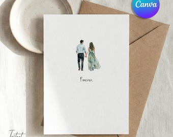 May include: A white greeting card with a watercolor illustration of a couple holding hands, walking away. The word "Forever" is written below the illustration. A brown envelope and a ceramic plate are in the background.