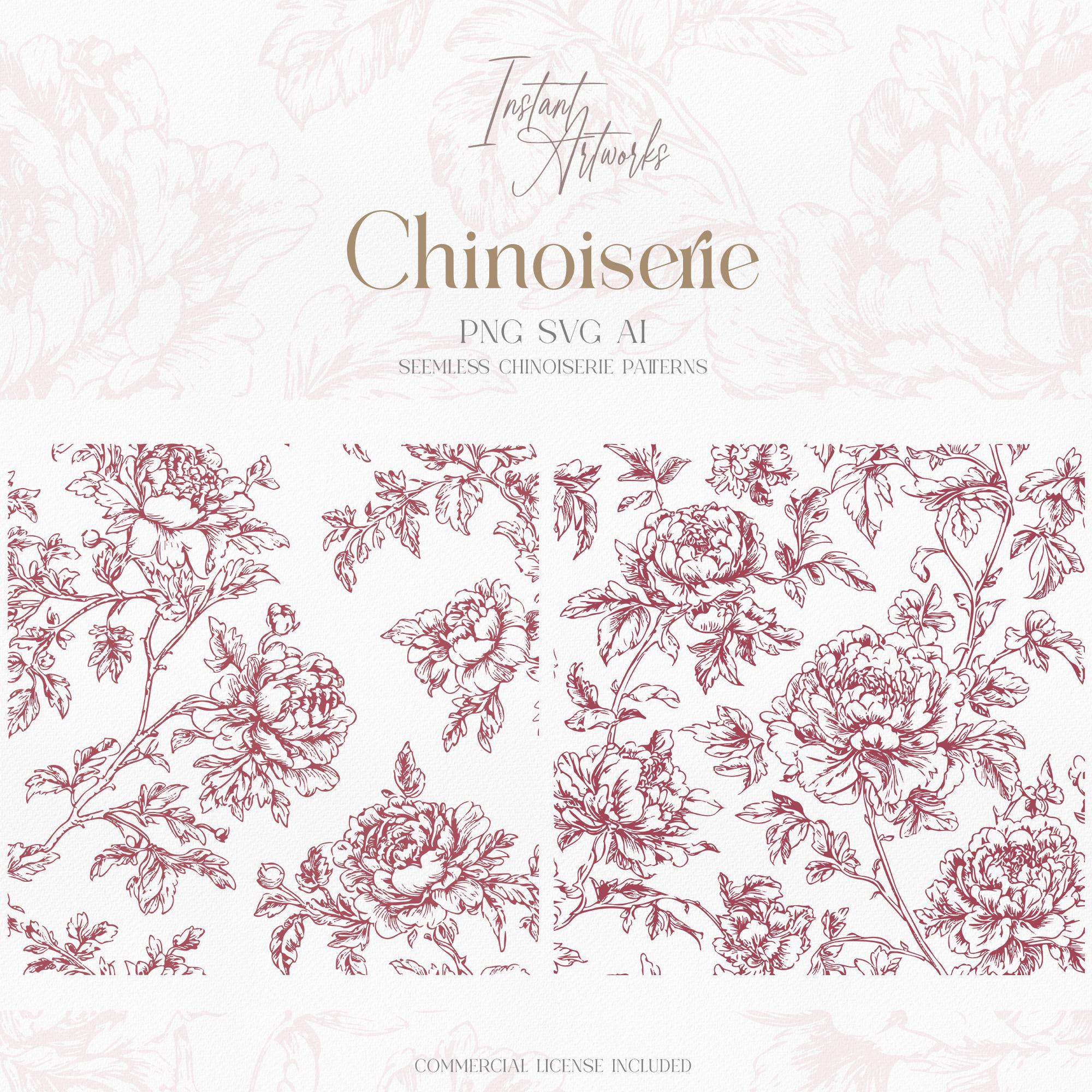 Rose Chinoiserie Floral Seamless Patterns, Vintage Clipart (PNG, SVG ...