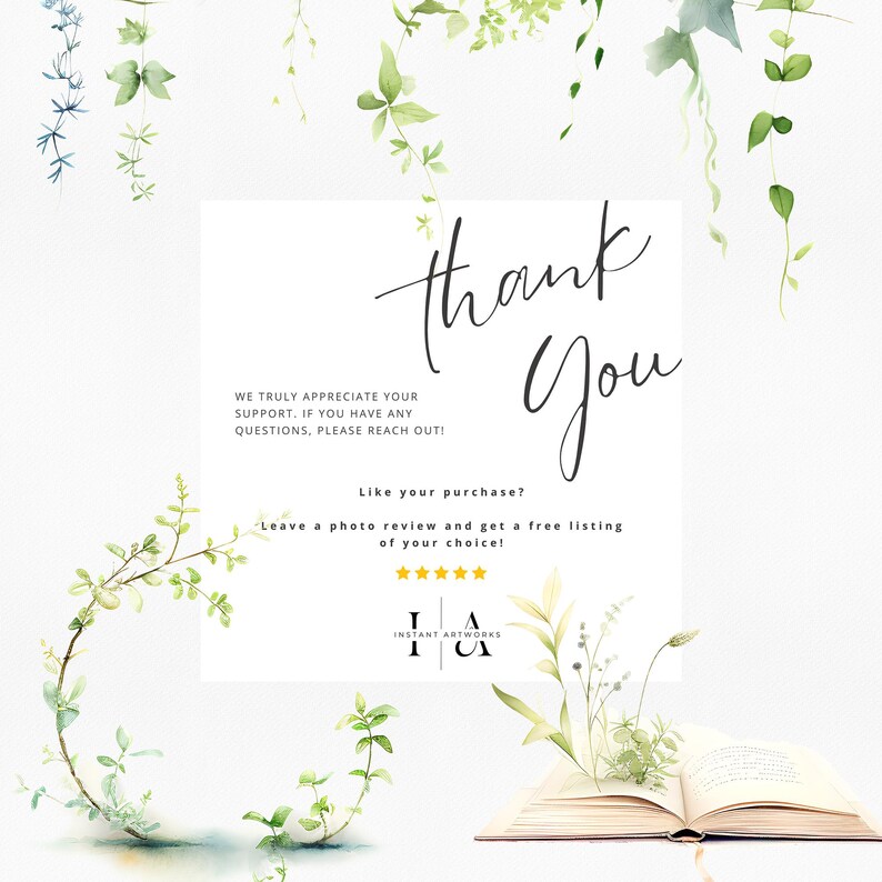 Op de afbeelding: Een digitale kunstprint met de woorden "thank you" in elegant schrift. Het ontwerp toont aquarel groen en een open boek. De tekst moedigt fotorecensies aan voor een gratis aanbieding. Het logo van Instant Artworks is ook zichtbaar.