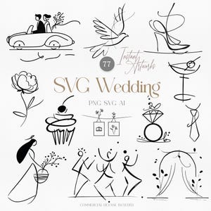 May include: A collection of 77 SVG wedding-themed illustrations in black and white. The designs include a car with a couple, a dove, a high heel, a flower, a cupcake, a martini glass, a ring, a tie, a bride, dancing figures, and an arch.