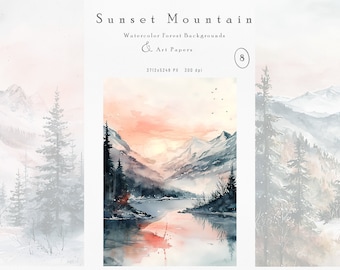 Watercolor Sunset Mountain Backgrounds – Forest Art Papers (Digital Download)