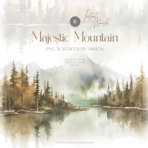 May include: Watercolor landscape art print featuring a majestic mountain scene with a lake and trees. The image has a soft, muted color palette with text that reads "Majestic Mountain" and "PNG Watercolor Assets". The approximate size is 12 x 8 inches.