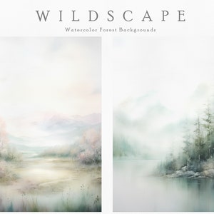 以下が含まれることがあります： 霧のかかった森の風景を描いた水彩画2点。最初の絵は、川と遠くの樹木のある谷を描いています。2番目の絵は、小さな島に木が生えている湖を描いています。