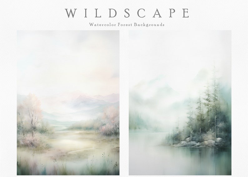 以下が含まれることがあります： 霧のかかった森の風景を描いた水彩画2点。最初の絵は、川と遠くの樹木のある谷を描いています。2番目の絵は、小さな島に木が生えている湖を描いています。