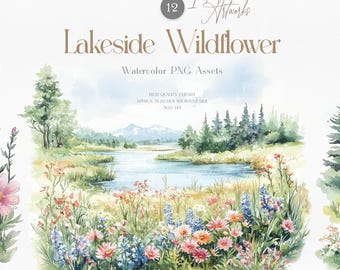 Aquarell Lakeside Wildblumen Clipart, PNG Landschaft Bundle (digitaler Download)