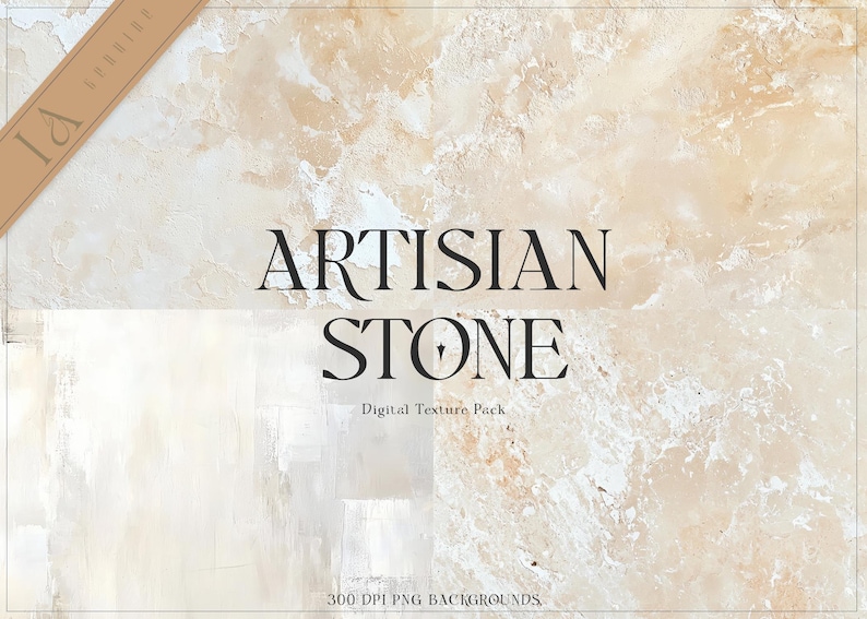 May include: A digital texture pack called "Artisan Stone" featuring a beige and white stone background with a rough, textured surface. The text "300 DPI PNG Backgrounds" is at the bottom of the image.
