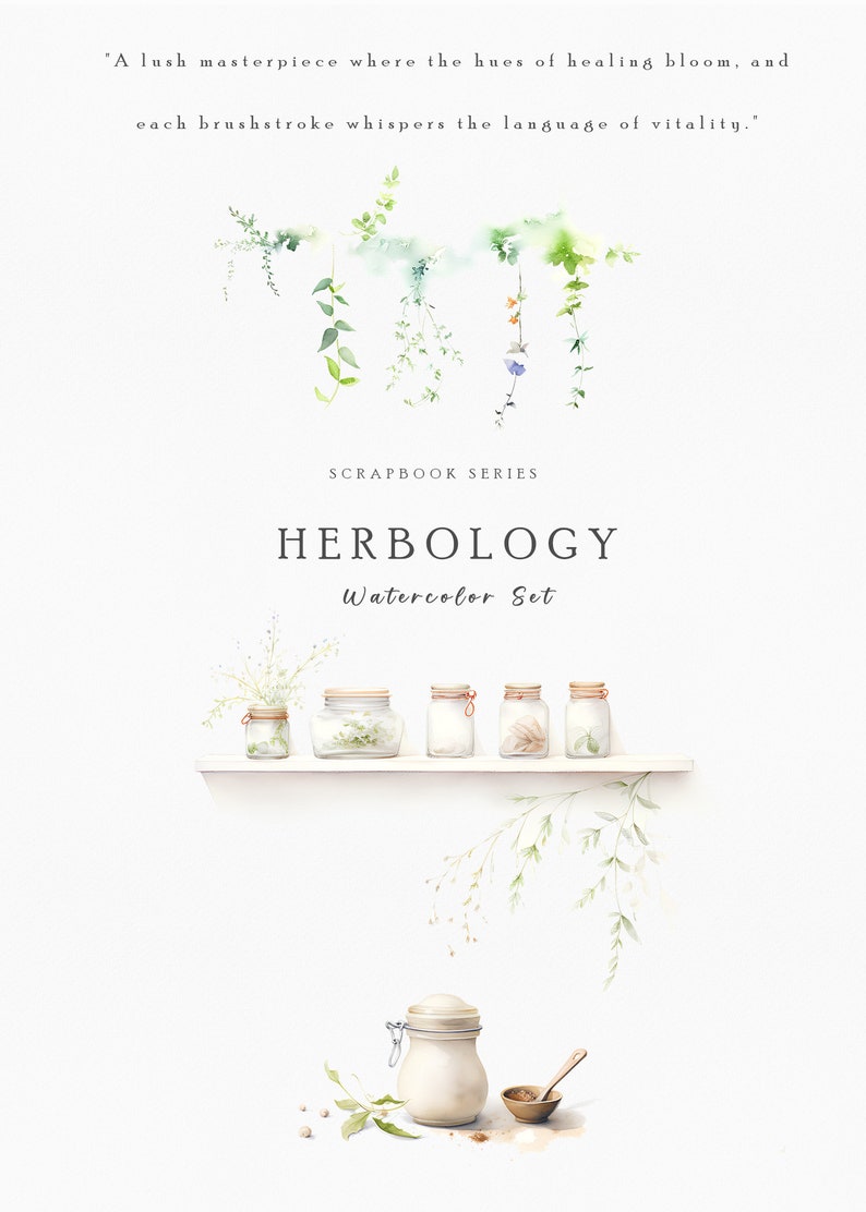 Op de afbeelding: Waterverfillustratie met het woord "HERBOLOGY" en een set potten op een plank. De afbeelding bevat hangend groen en een pot met een houten lepel, wat een botanisch thema oproept.