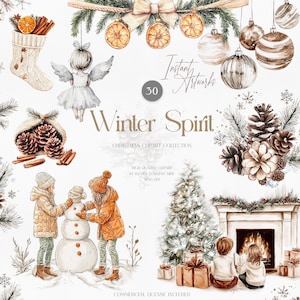 Winter Spirit Christmas Clipart Bundle, PNG Images, Holiday Decor Illustrations, Watercolor Christmas Elements, Cozy Winter Scenes