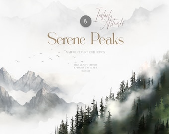 Watercolor Mountain Clipart, Misty Forest PNG Assets (Digital Download)