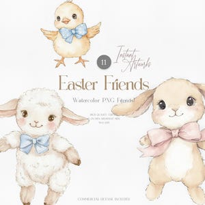 Clipart lapin de Pâques aquarelle, noeud rose et bleu mouton Png, chambre d'animaux, mignon poussin, clipart bébé garçon et fille pour bricolage cartes