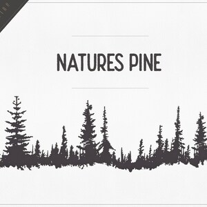 May include: Black and white silhouette of a pine forest with the text "NATURES PINE" above the trees.