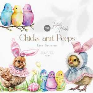 Imágenes prediseñadas de Pascua, pollitos de acuarela, lindas ilustraciones de Pascua, paquete PNG de primavera, gráficos vintage de Pascua, imágenes prediseñadas de pollitos de conejo, Pascua pastel