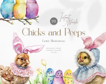 May include: A set of 20 digital illustrations featuring chicks and peeps in various Easter-themed poses. The illustrations are in a watercolor style and include chicks wearing bunny ears, chicks wearing bonnets, and chicks with peep candy.