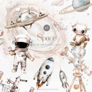 Bundle de cliparts espace aquarelle, astronaute PNG, fusée, OVNI, planètes, art de la galaxie, clipart espace, PNG cosmique, usage Commercial