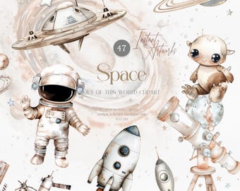 Pacchetto di clipart ad acquerello a tema spaziale: astronauta, razzo, pianeti (uso commerciale)