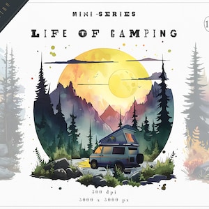 Illustrations Clipart de scène de camping, lot de 10 graphiques d'aventures en plein air au format PNG, usage commercial
