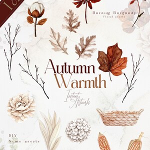 Op de afbeelding: Een aquarel-illustratieset met herfstachtige elementen, waaronder bladeren, bloemen, takken, ma&iuml;s, manden en een hortensia. De set heeft de titel "Herfstwarmte" en bevat de tekst "Instant Artworks" en "DIY Some assets".