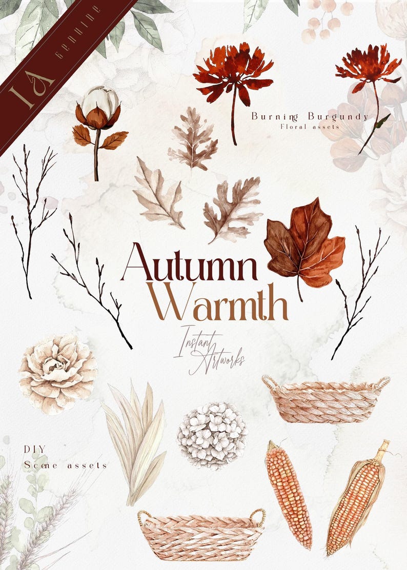 Op de afbeelding: Een aquarel-illustratieset met herfstachtige elementen, waaronder bladeren, bloemen, takken, ma&iuml;s, manden en een hortensia. De set heeft de titel "Herfstwarmte" en bevat de tekst "Instant Artworks" en "DIY Some assets".