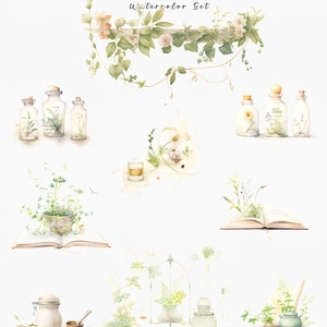 Op de afbeelding: Waterverfillustratie getiteld "Herboristerie Watercolor Set" met botanische elementen. De afbeelding toont diverse glazen potten met kurken, open boeken met planten en bloemstukken in zachte groen- en beigetinten.