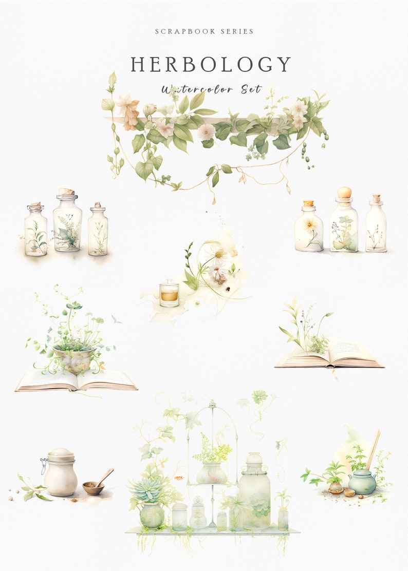 Op de afbeelding: Waterverfillustratie getiteld "Herboristerie Watercolor Set" met botanische elementen. De afbeelding toont diverse glazen potten met kurken, open boeken met planten en bloemstukken in zachte groen- en beigetinten.