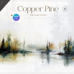 Paquete de imágenes prediseñadas de bosque en acuarela, paisajes de montaña, descarga digital de pinos, PNG, licencia comercial, alta resolución, Canva Safe