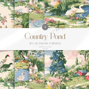 May include: A collection of seamless patterns titled "Country Pond." The patterns feature idyllic scenes of ponds, ducks, swans, and quaint cottages. The color palette includes soft greens, blues, pinks, and whites. Each pattern is approximately 12 x 12 inches.