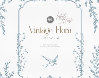 22 Vintage Flora Botanical Line Art Clipart (PNG SVG AI)
