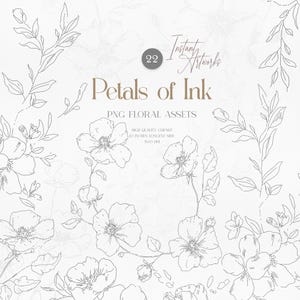 Può includere: Opera d'arte digitale con disegni a tratto di fiori e foglie. Il design include il testo "Petals of Ink" e "PNG Floral Assets". Il lato più lungo è di 25,4 cm.