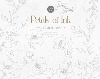 May include: A digital artwork featuring delicate floral line art. The design includes outlines of flowers and leaves, with the text "Petals of Ink" and "PNG Floral Assets". The longest side is 10 inches.