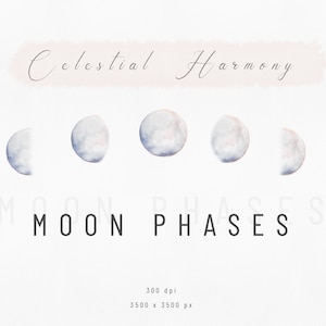 Peut inclure: Illustration aquarelle des phases de la lune en forme de croissant, de demi-lune, de pleine lune et de gibbeuse. L'illustration est intitulée "Harmonie céleste Phases de la lune".