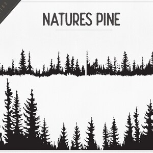 May include: Black and white silhouette of a pine forest with the text "NATURES PINE" at the top.