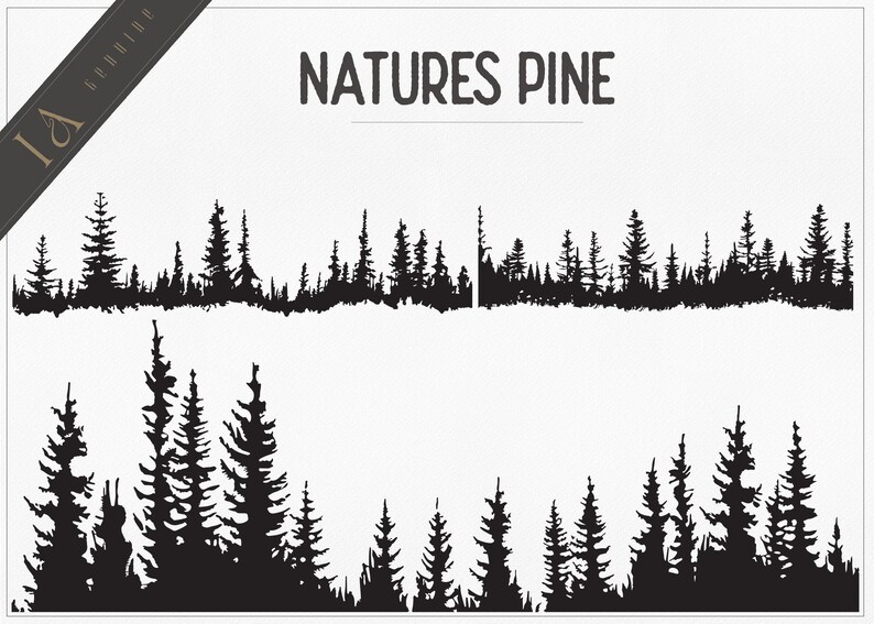 May include: Black and white silhouette of a pine forest with the text "NATURES PINE" at the top.