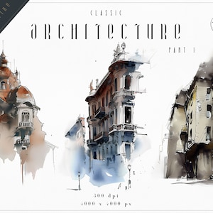 Conjunto de 19 imágenes prediseñadas de edificios arquitectónicos antiguos, ilustraciones de arquitectura retro, estructuras históricas, descarga digital