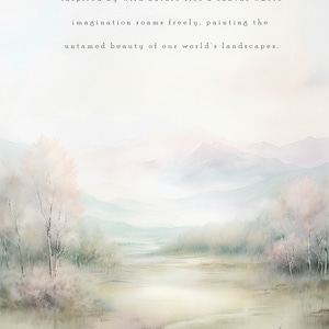 以下が含まれることがあります： 水彩画で描かれた、霧のかかった風景画。そこに「野生の自然からインスピレーションを受けたアートペーパーの質感と色合いの中に、想像力が自由に歩き回り、世界の風景の荒々しい美しさを描くキャンバスがある。」という引用が添えられている。