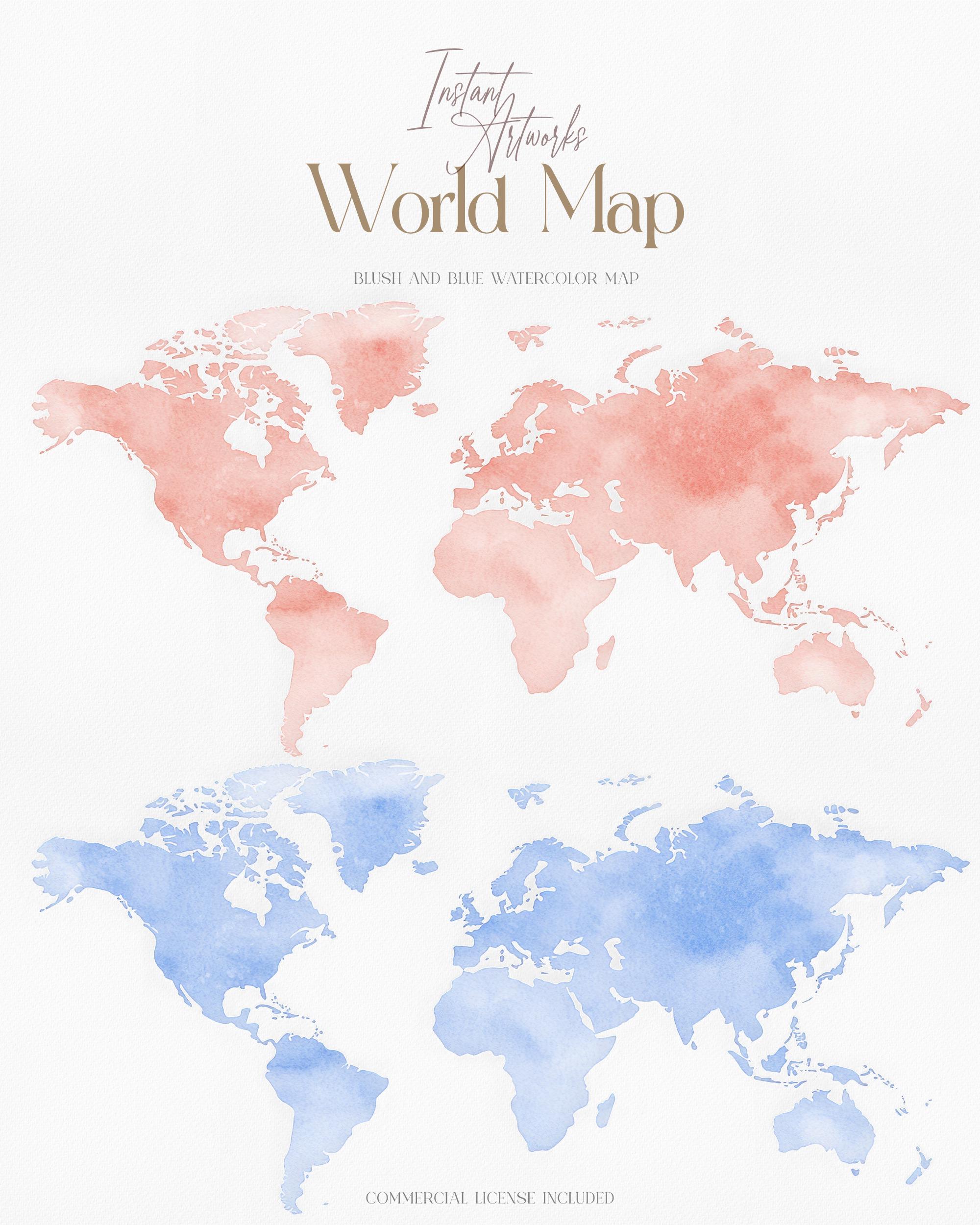 Blush and Blue Watercolor World Map Clipart (PNG) - Etsy