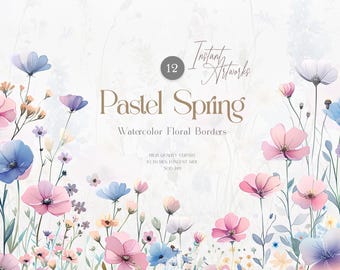 May include: A set of 12 watercolor floral borders in pastel colors, featuring pink, blue, and white flowers. The borders are perfect for adding a touch of spring to your designs.