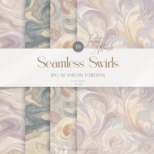 May include: A digital art image featuring ten seamless swirl patterns in soft pastel colors. The patterns include marble and floral designs. The text "Seamless Swirls" and "Instant Artworks" is displayed.