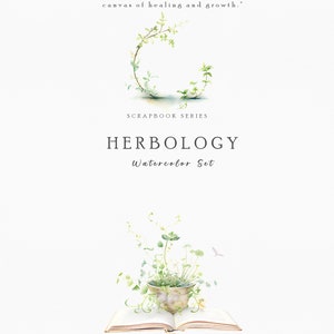 Op de afbeelding: Een aquarelontwerp met de tekst "Herbology Watercolor Set". De afbeelding bevat een aquarelillustratie van een plantenarrangement in een pot op een open boek en een cirkelvormige opstelling van groene bladeren. De tekst luidt "Rooted in the artistry of nature."