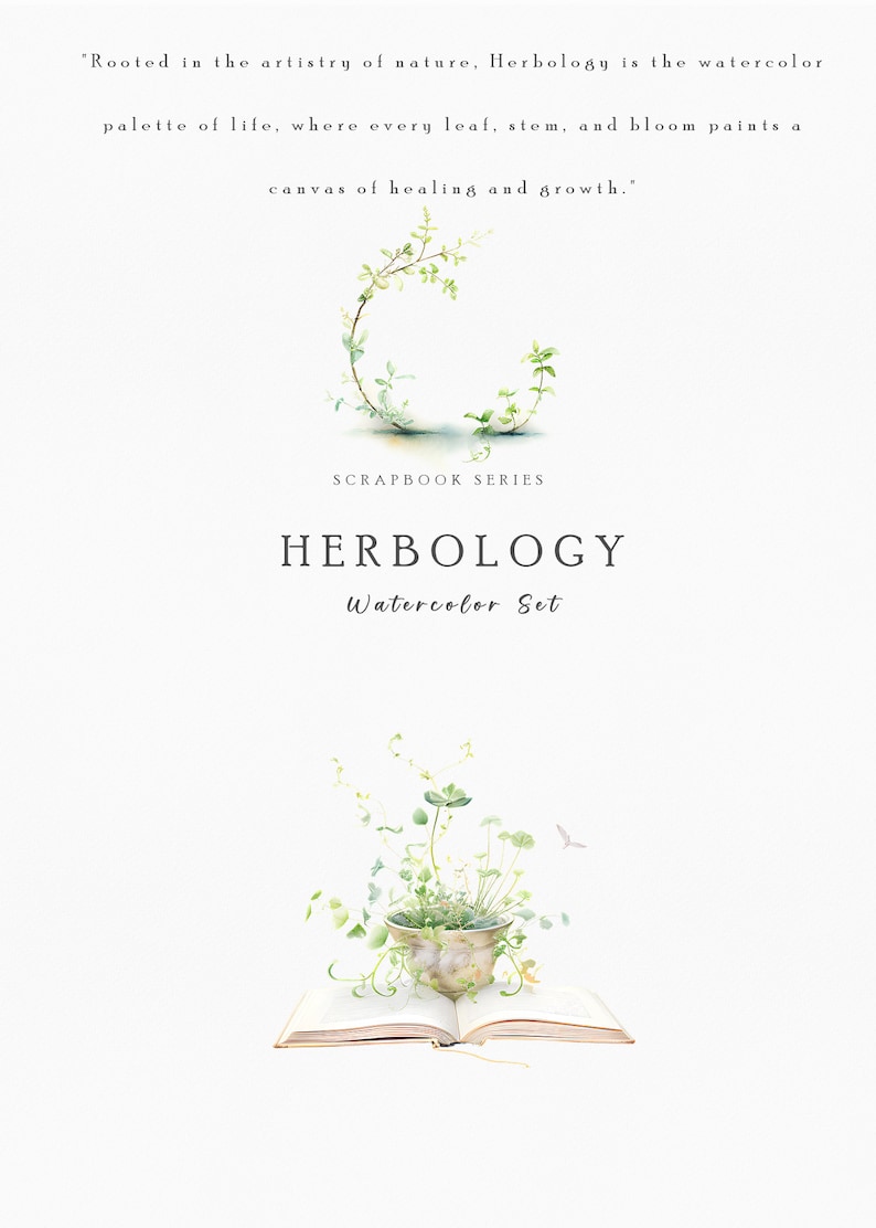 Op de afbeelding: Een aquarelontwerp met de tekst "Herbology Watercolor Set". De afbeelding bevat een aquarelillustratie van een plantenarrangement in een pot op een open boek en een cirkelvormige opstelling van groene bladeren. De tekst luidt "Rooted in the artistry of nature."