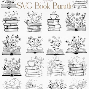 May include: A set of 12 black and white SVG book illustrations. The illustrations feature books with flowers, stars, moons, coffee cups, and butterflies. The text "SVG Book Bundle" is at the top of the image.