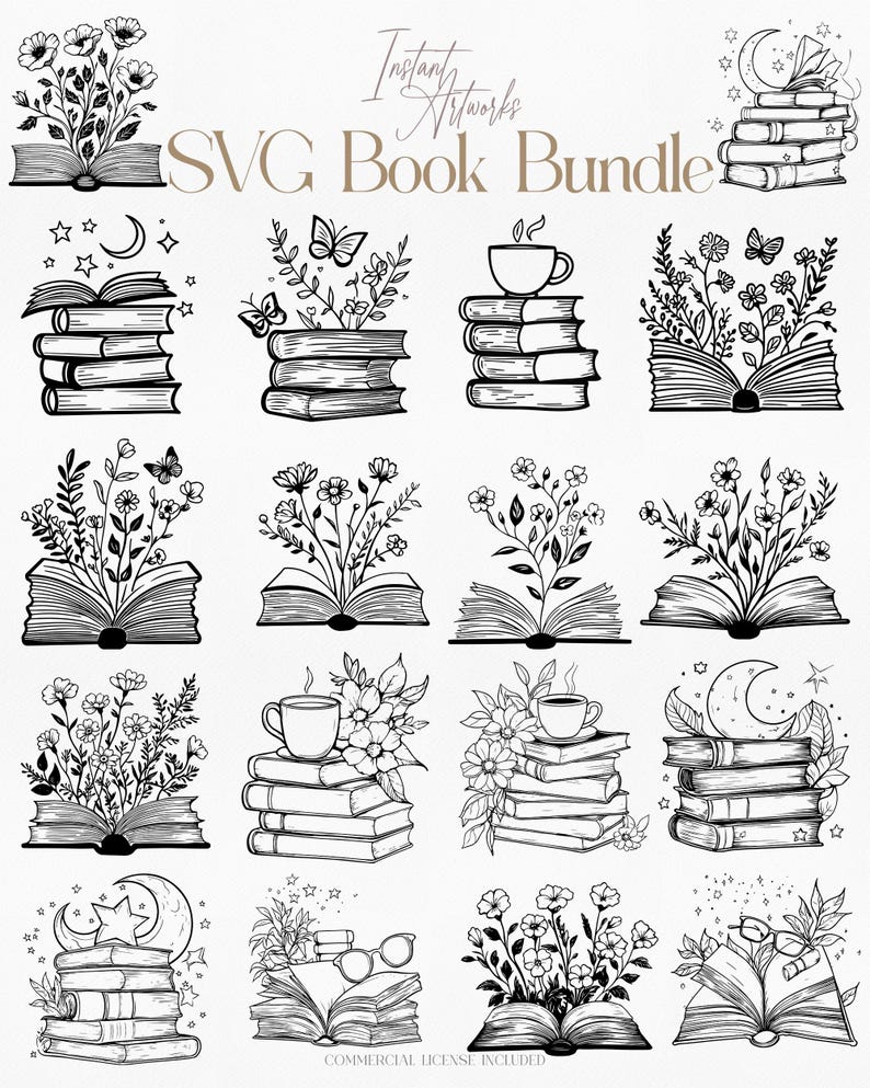 May include: A set of 12 black and white SVG book illustrations. The illustrations feature books with flowers, stars, moons, coffee cups, and butterflies. The text "SVG Book Bundle" is at the top of the image.