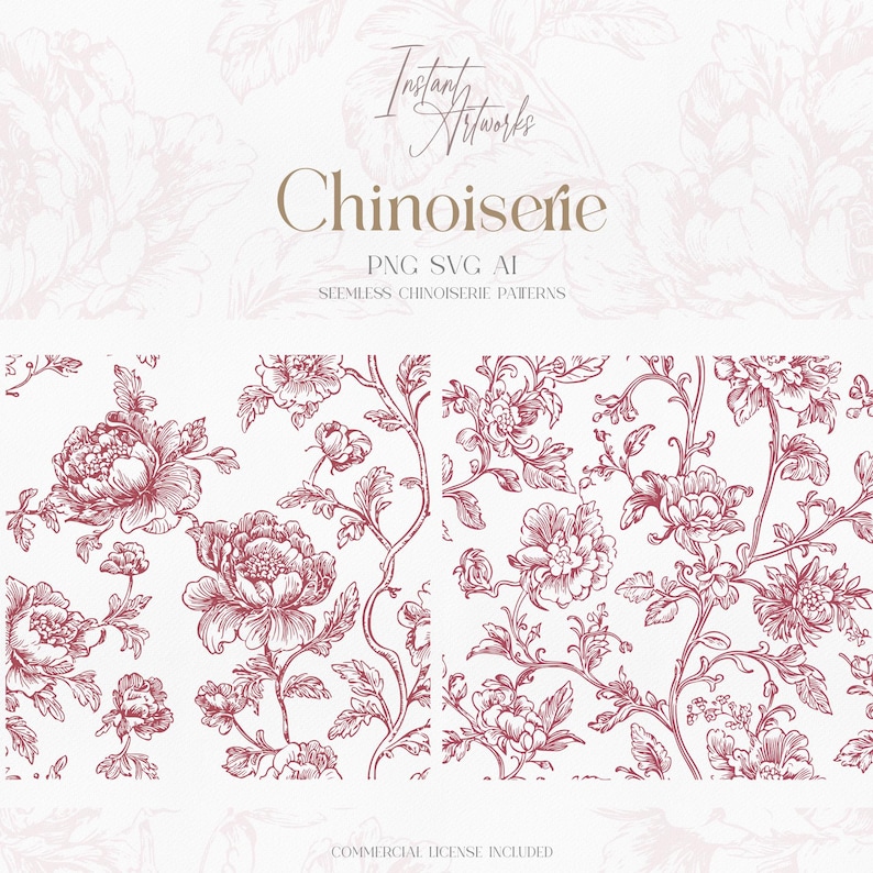 Rose Chinoiserie Floral Seamless Patterns, Vintage Clipart (PNG, SVG ...